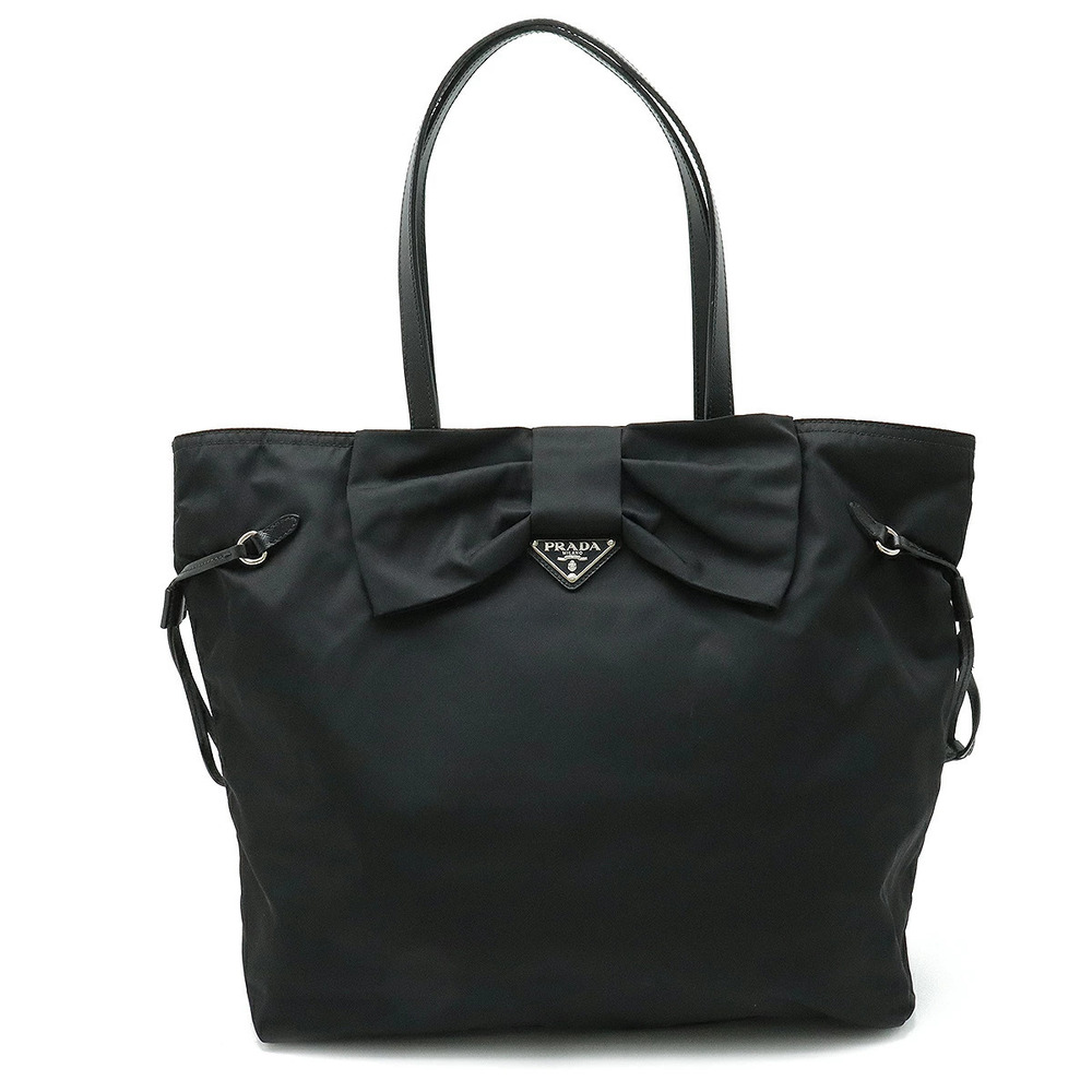 Prada Ribbon Tote Bag Shoulder Leather NERO Black